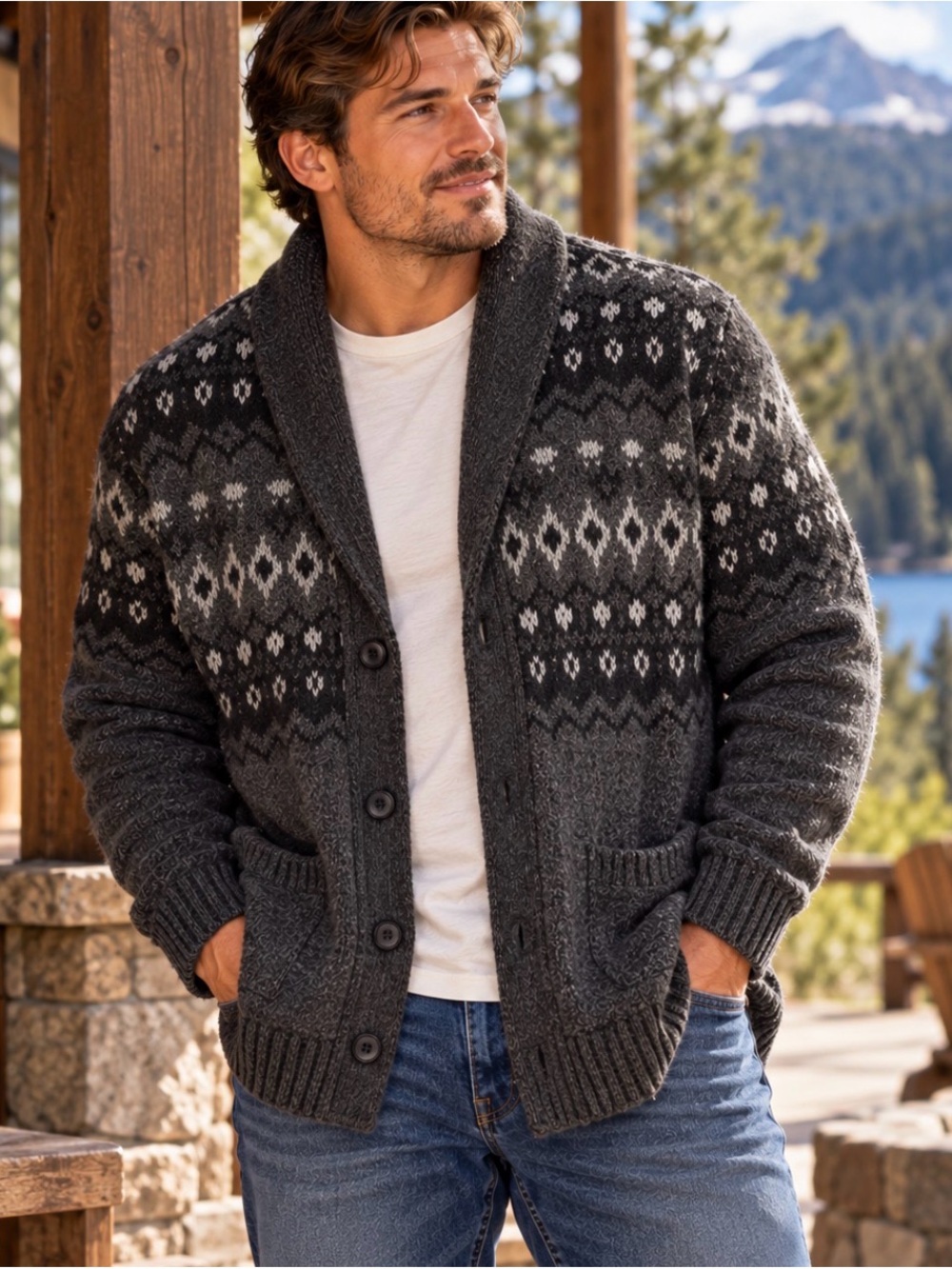 NWT Windriver Men's Gray Shawl-Collar Fair Isle Cardigan Sweater. Size XL